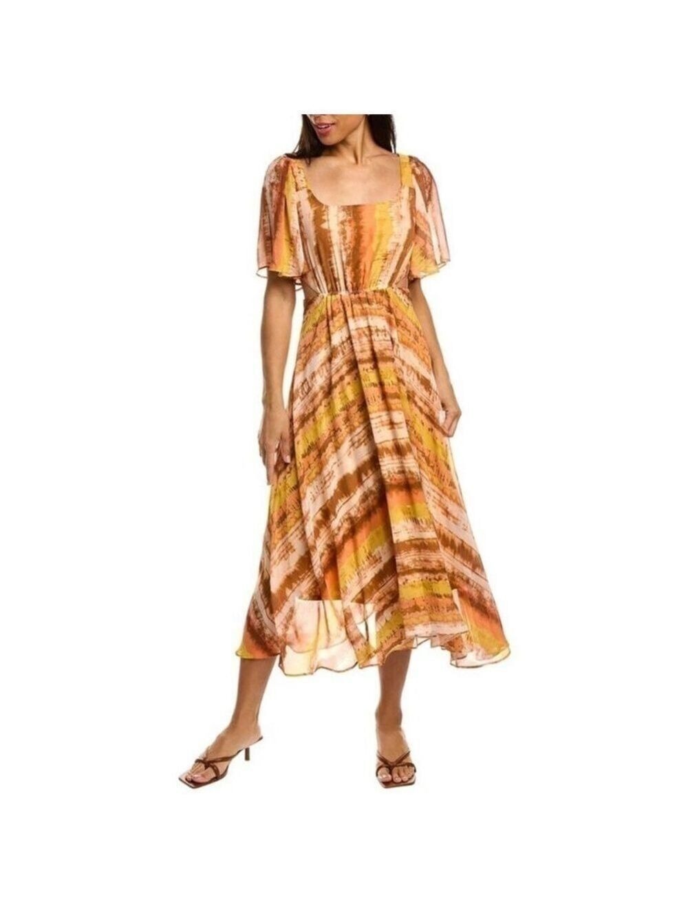 Taylor Cutouts Printed Chiffon Midi Flare Dress w waist drawstring browns Sz 12
